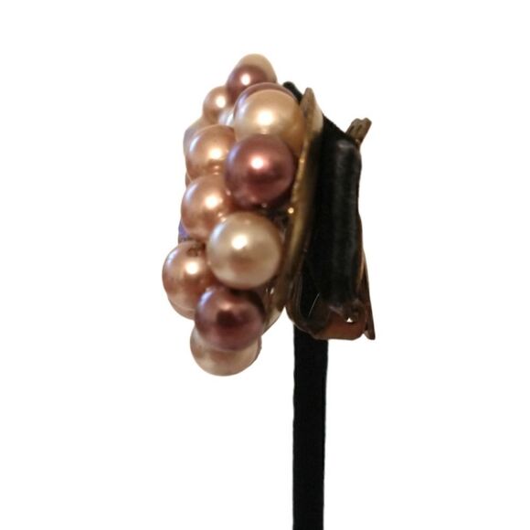 Faux Pearl Cluster Earrings Beaded AB Crystals Clip On Japan MCM Purple Pinks - Picture 8 of 16